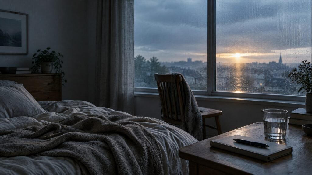 A quiet bedroom with an unmade bed, closed notebook, glass of water, and chair facing a rain-speckled window at dawn.