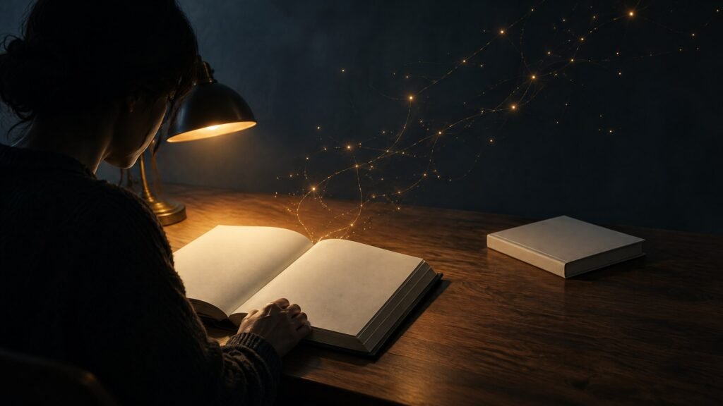 An anonymous reader studies an open technical book at a desk as warm abstract connections rise into the surrounding darkness.