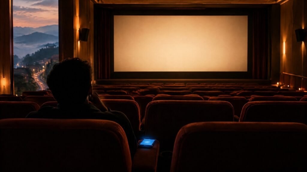 An anonymous viewer looks away from a blank cinema screen as a phone casts blue light across empty auditorium seats.