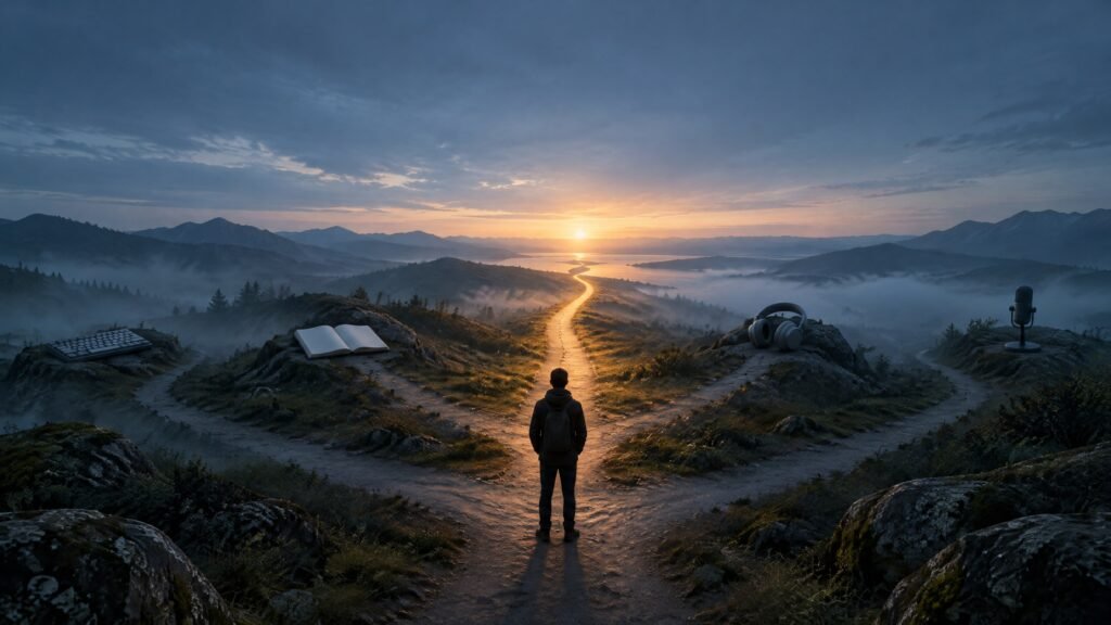 An anonymous figure stands at a misty crossroads where several dim paths surround a single warmly lit path leading toward the horizon.